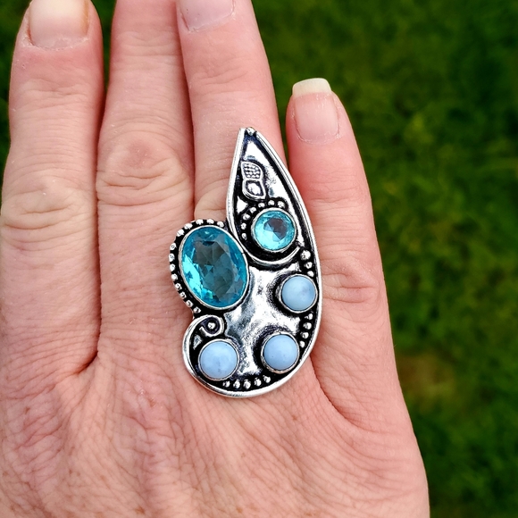 New Blue Topaz & Owyhee Opal Silver Statement Ring. - Picture 6 of 7